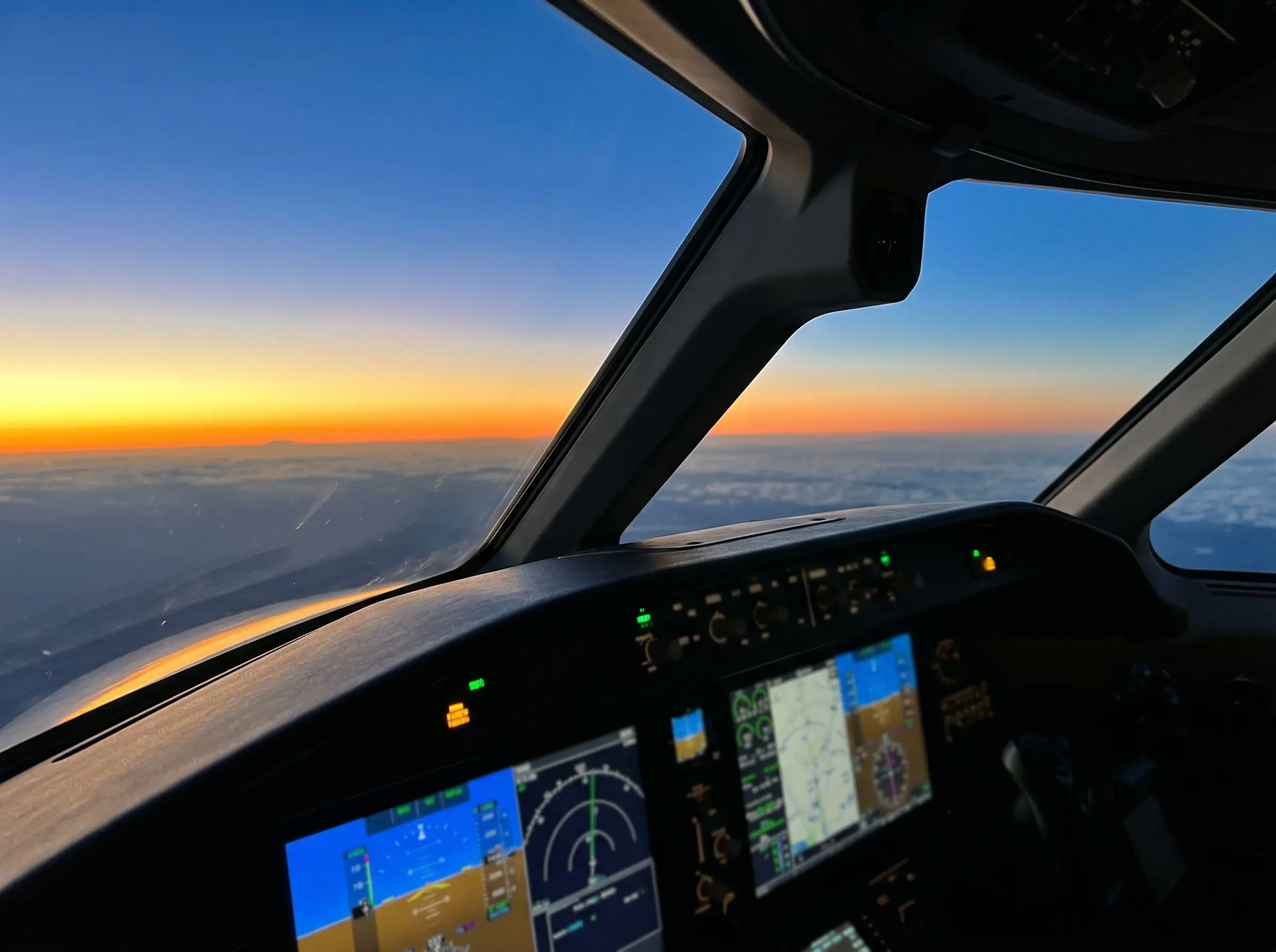 Cockpit view at sunset during a private flight