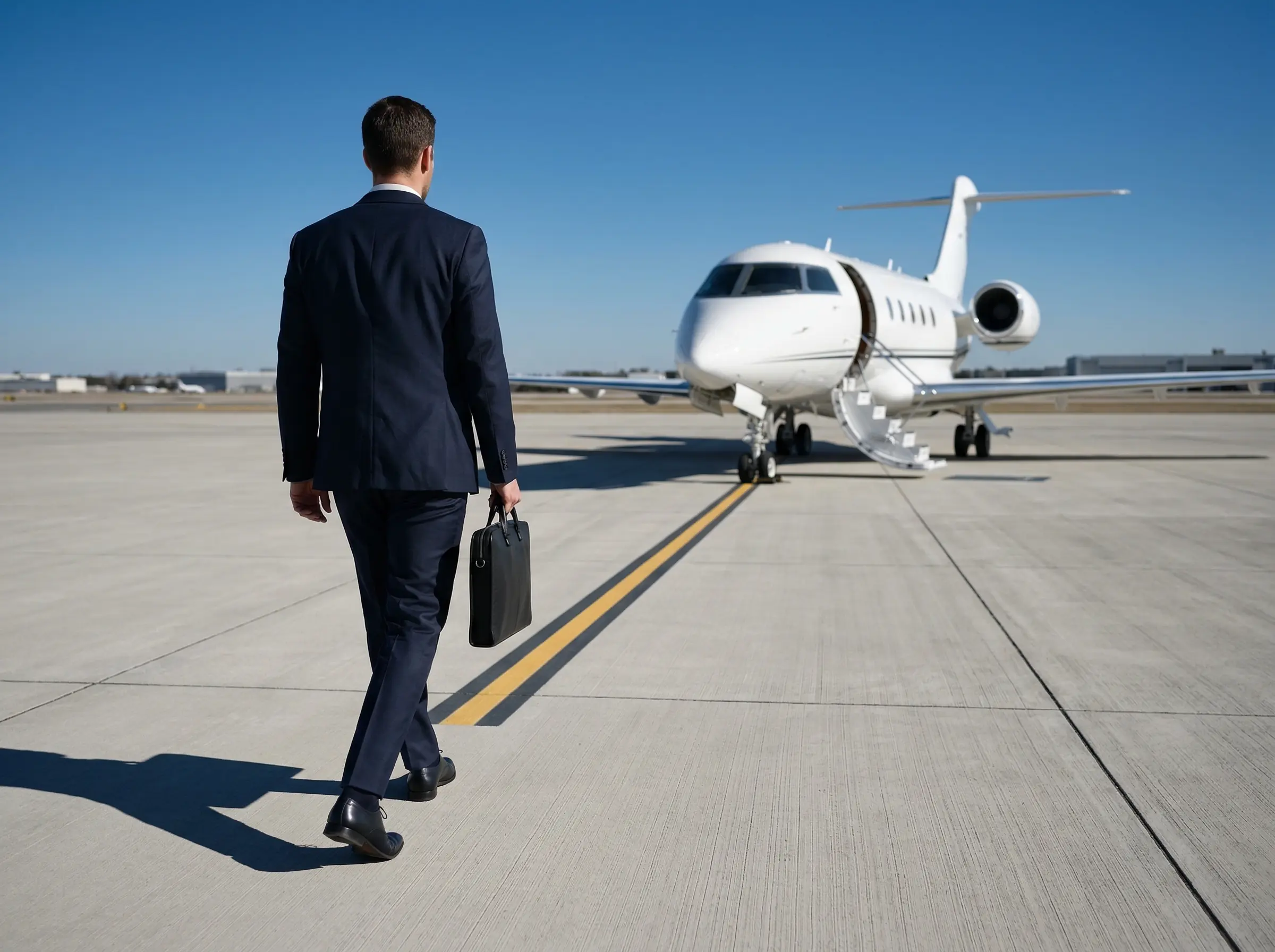 Business professional walking toward a private jet on the ramp